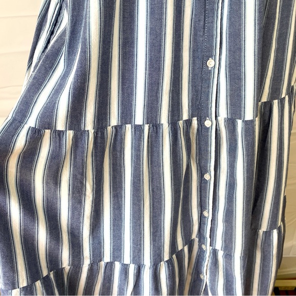 Old Navy Puff-Sleeve Tiered Midi Swing Dress in Blue Striped Small S Pockets - Picture 9 of 15